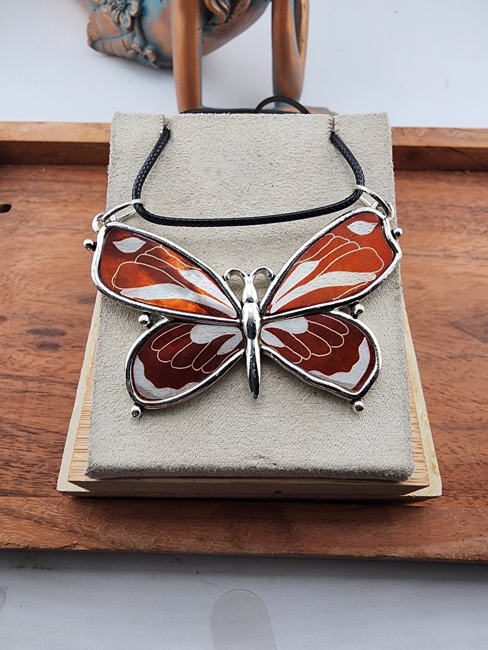 Butterfly Pendant Necklace in Orange and Silver